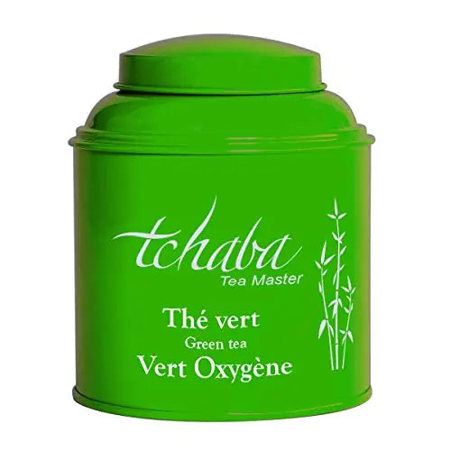 Boîte de thé vert Tchaba Vert Oxygène verte, sur fond blanc