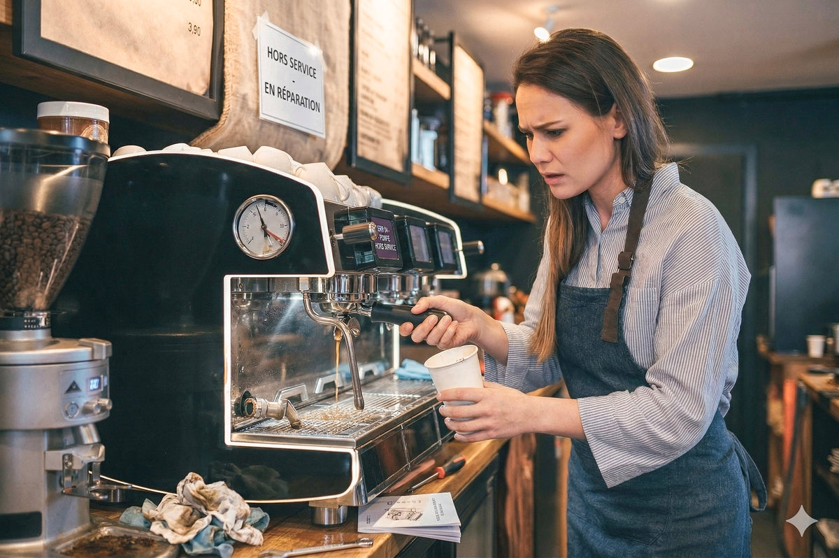 Employée de café préoccupée devant une machine à espresso en panne, affiche « Hors service - En réparation »