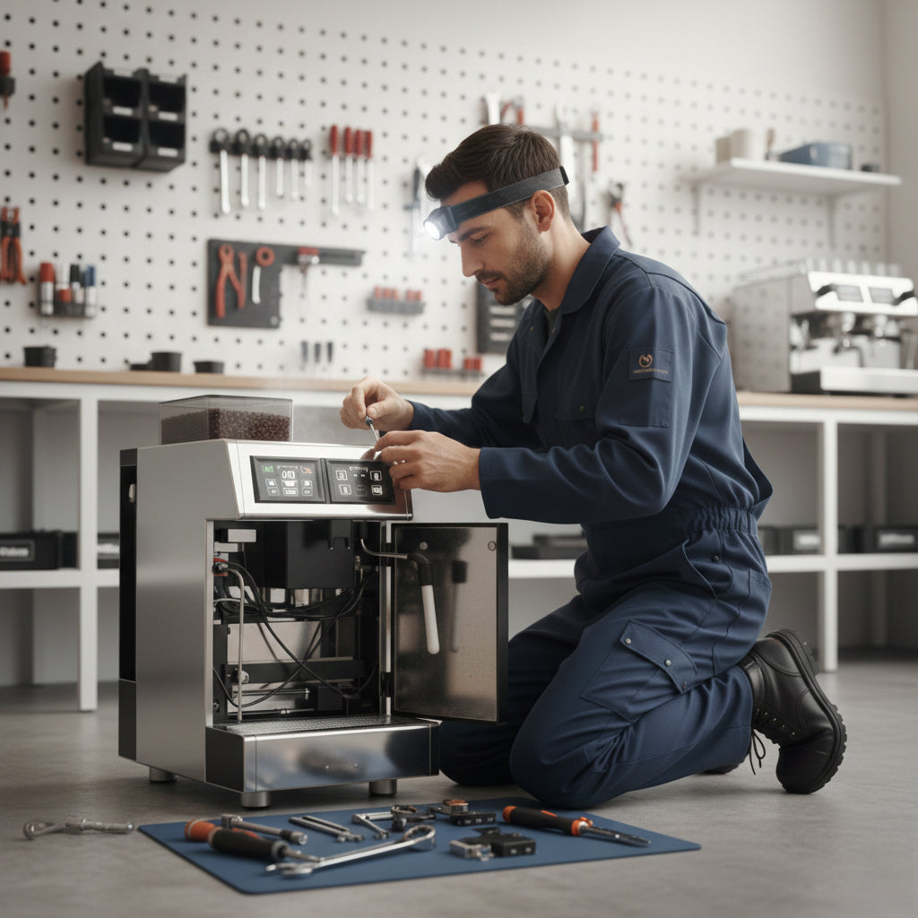 Technicien en combinaison réparant une machine à espresso professionnelle dans un atelier