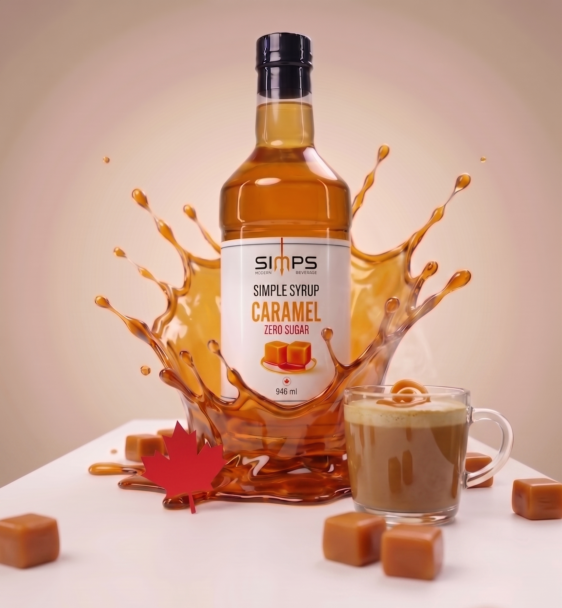 Bouteille de sirop simple SIMPS au caramel sans sucre (946 ml), éclaboussure de caramel, tasse de café latté et bonbons au caramel