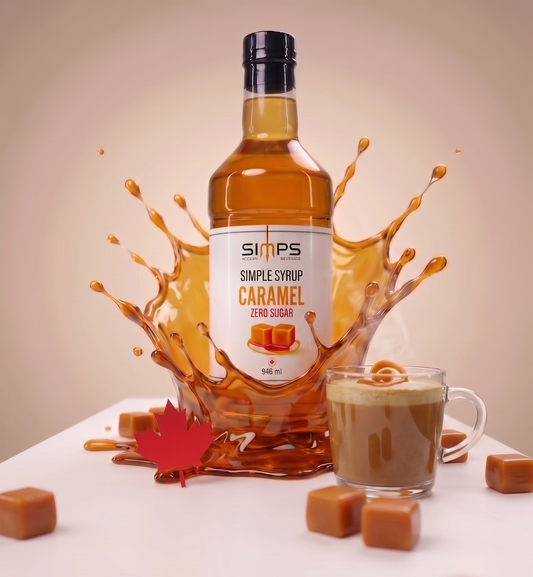 Bouteille de sirop simple SIMPS au caramel sans sucre (946 ml), éclaboussure de caramel, tasse de café latté et bonbons au caramel