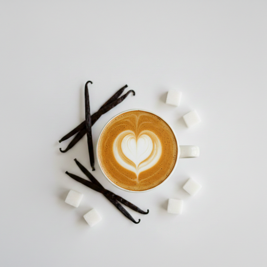 Tasse de latté avec art latte en cœur, vue de haut, entourée de gousses de vanille et de cubes de sucre