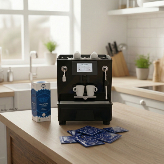 Machine à espresso noire Di Napoli Caffè sur un comptoir de cuisine avec une boîte et des dosettes de café décaféiné Bianchi