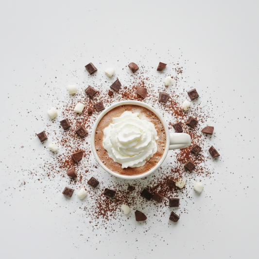 Chocolat chaud surmonté de crème fouettée, vu de haut, entouré de morceaux de chocolat et de guimauves