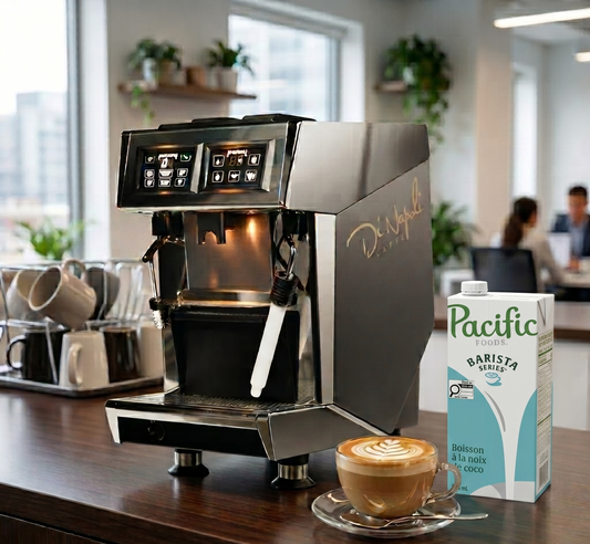 Machine à espresso Di Napoli dans un bureau avec un cappuccino latte art et une brique de boisson à la noix de coco Pacific Foods