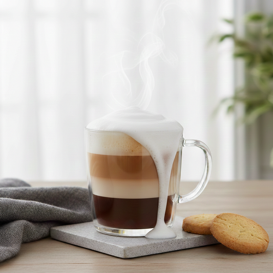 Café latté fumant à étages dans une tasse en verre avec mousse débordante et un biscuit à côté