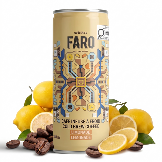 Canette de café infusé à froid FARO Brûleries saveur limonade (250 ml) entourée de citrons frais et de grains de café