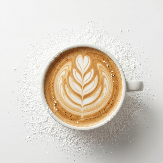 Vue de dessus d'un cappuccino avec latte art en forme de feuille sur fond blanc
