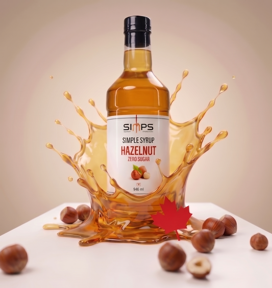 Bouteille de sirop simple SIMPS à la noisette sans sucre (946 ml), éclaboussure dorée, noisettes entières et feuille d'érable