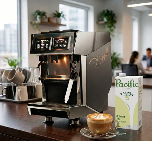Machine à espresso Di Napoli dans un bureau avec un cappuccino latte art et une brique de boisson à la pistache Pacific Foods