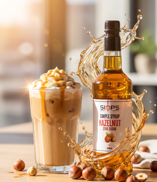 Bouteille de sirop simple SIMPS à la noisette sans sucre (946 ml) avec un latté glacé crémeux, éclaboussure dorée et noisettes en ambiance café
