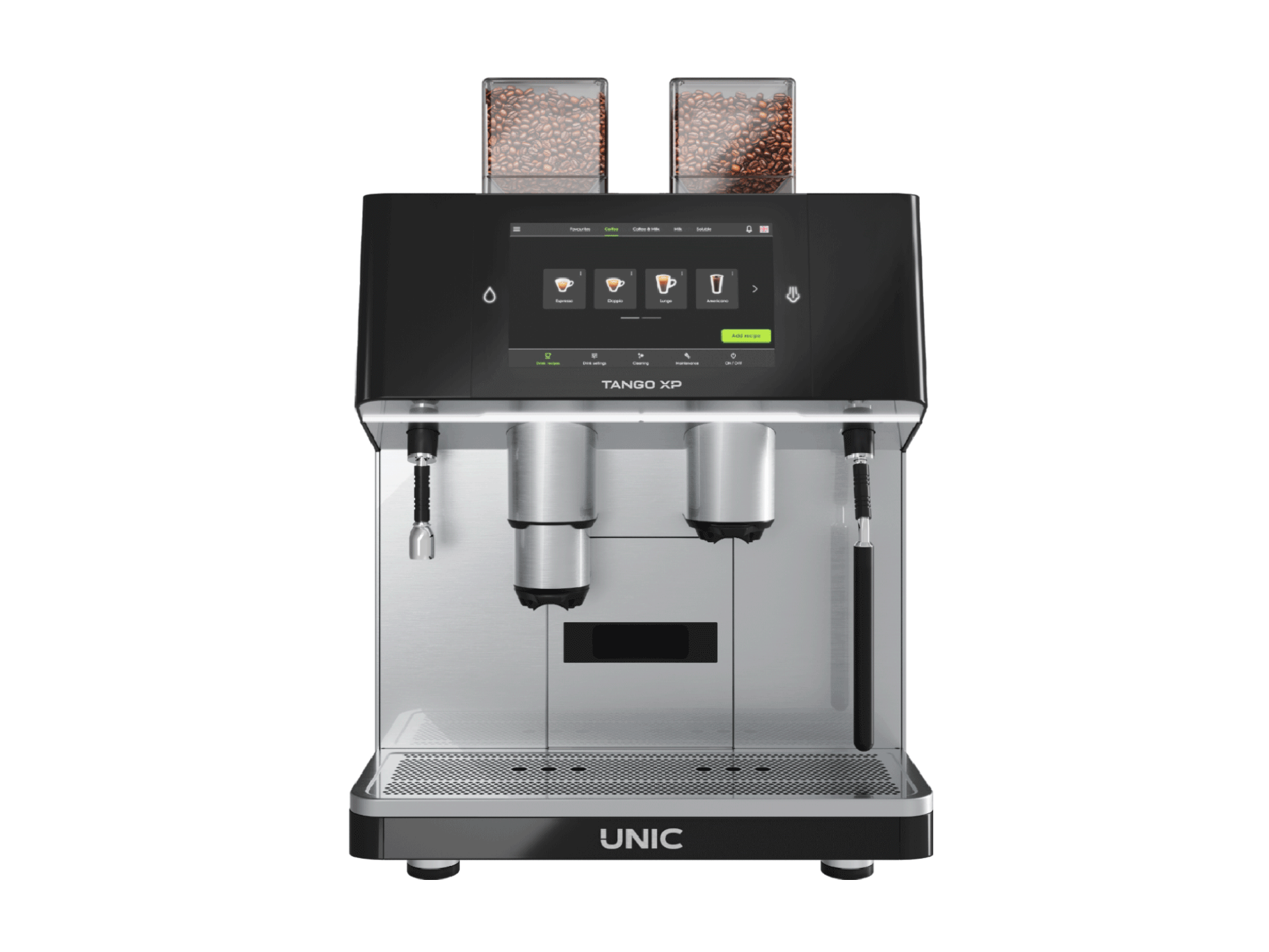 Machine à café automatique UNIC Tango XP Duo à deux groupes, écran tactile 10 pouces et trémies à grains