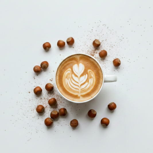 Cappuccino à la noisette avec art latte, vu de haut, entouré de noisettes