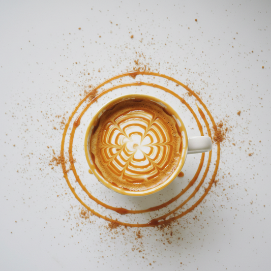 Cappuccino au caramel au beurre avec art latte, vu de haut, entouré de filets de caramel
