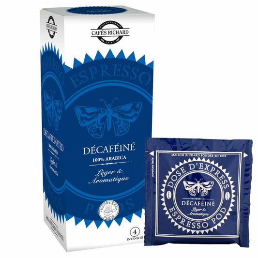 Boîte de dosettes espresso Cafés Richard décaféiné 100% arabica avec une dosette individuelle devant