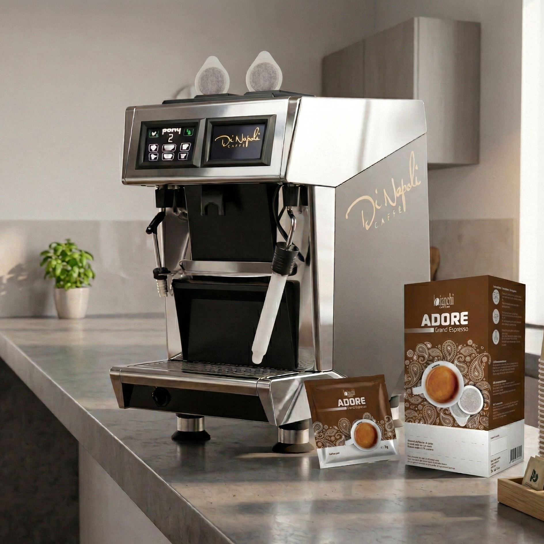 Dosettes ESE Bianchi Adore Grand Espresso avec machine espresso – Bianchi Adore Grand Espresso ESE pods with espresso machine | Di Napoli Caffè