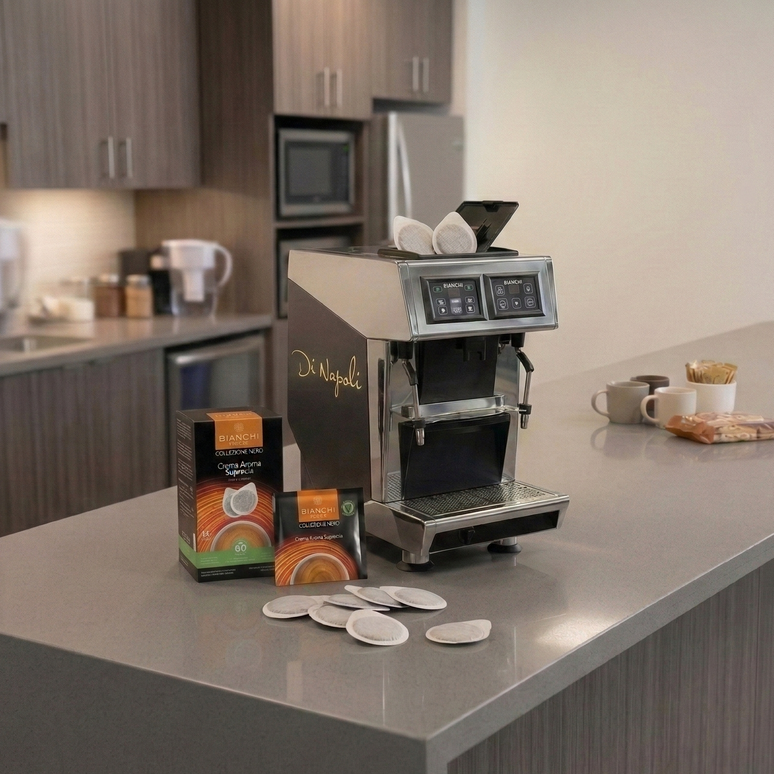 Dosettes ESE Bianchi Nero Crema Aroma avec machine espresso – Bianchi Nero Crema Aroma ESE pods with espresso machine | Di Napoli Caffè
