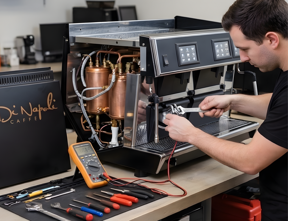 Technicien Di Napoli réparant une machine à espresso commerciale ouverte dans un atelier, avec outils et multimètre
