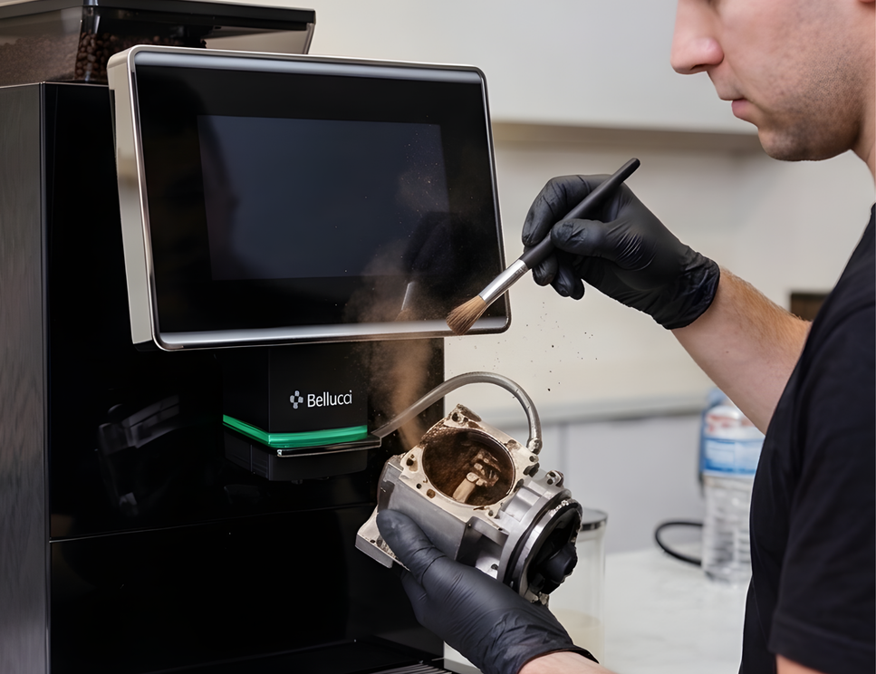 Technicien Di Napoli nettoyant une machine à café Bellucci avec un pinceau, gants noirs