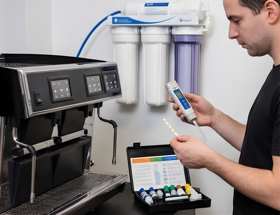 Technicien Di Napoli testant la qualité de l'eau près d'un système de filtration et d'une machine à espresso