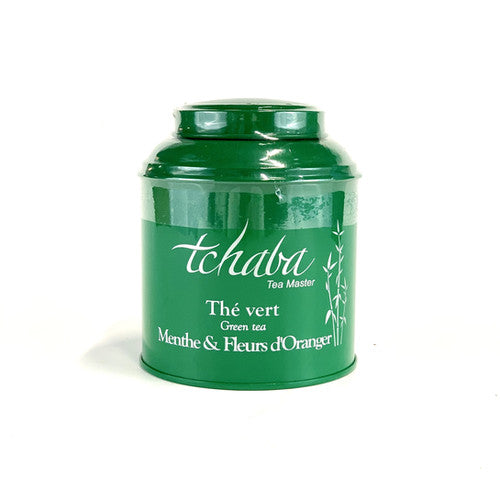 Boîte de thé vert Tchaba Menthe & Fleurs d'Oranger verte, sur fond blanc