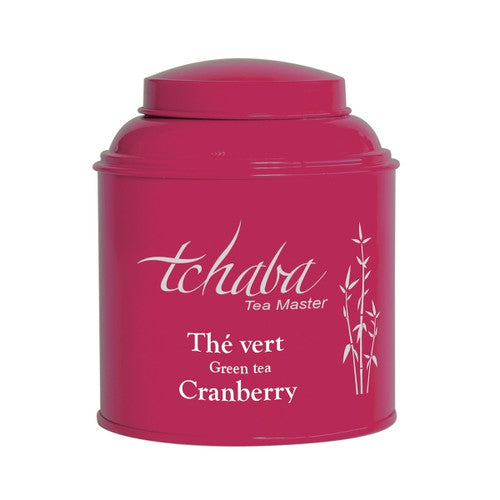 Boîte de thé vert Tchaba Cranberry rose foncé, sur fond blanc