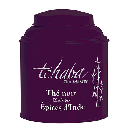 Boîte de thé noir Tchaba Épices d'Inde violette, sur fond blanc