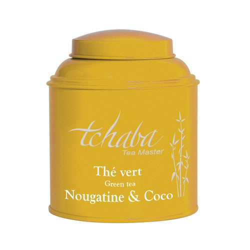 Boîte de thé vert Tchaba Nougatine & Coco jaune, sur fond blanc