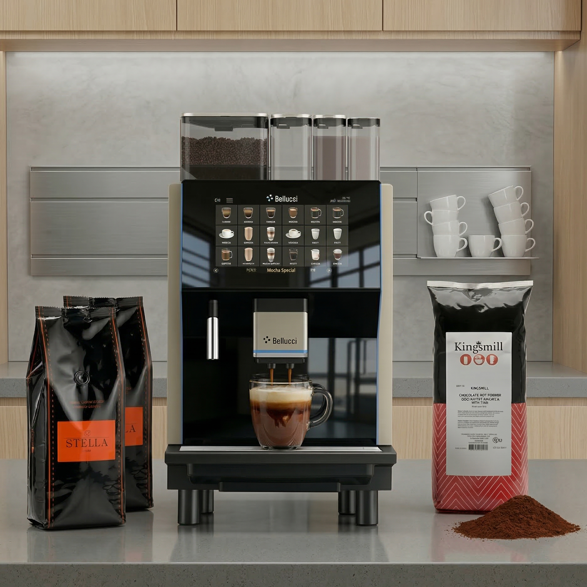 Machine Bellucci Caffè Bar préparant un latte avec café Stella et Kingsmill – Bellucci Caffè Bar making a latte with Stella and Kingsmill | Di Napoli Caffè