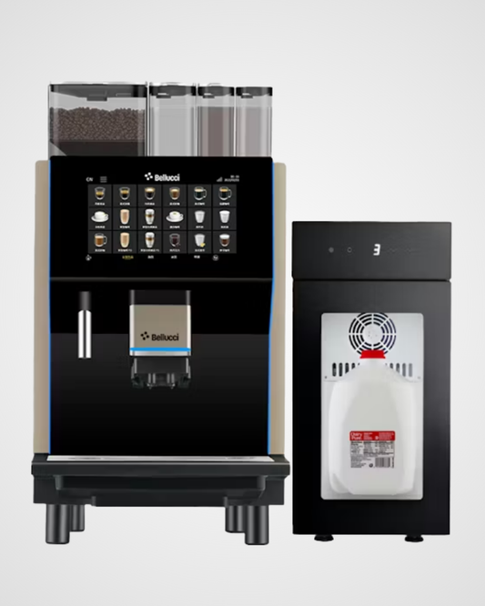 Machine à café automatique Bellucci Caffè Bar Plus avec frigo à lait – Bellucci Caffè Bar Plus bean to cup machine with milk fridge | Di Napoli Caffè