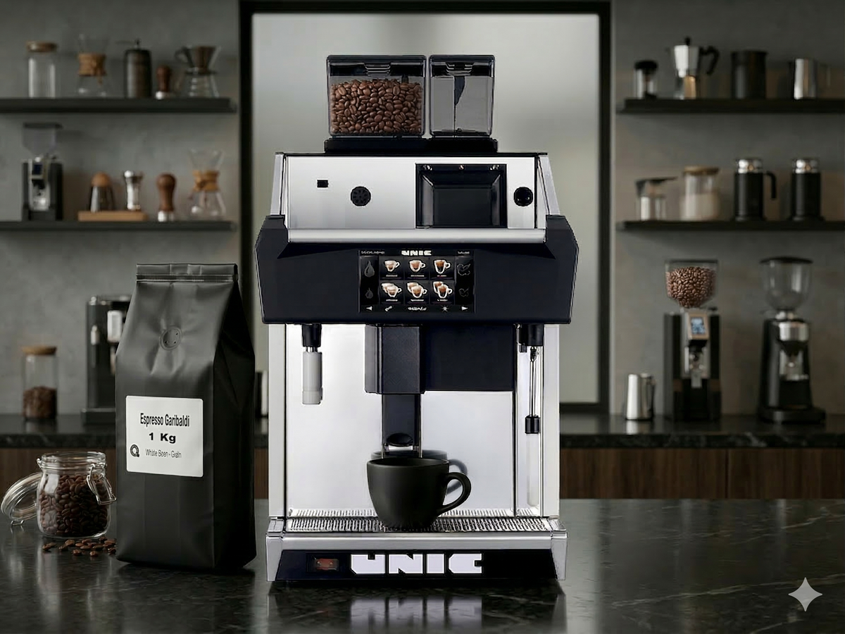 Machine Unic Tango Ace avec café Garibaldi dans un bar à café – Unic Tango Ace with Garibaldi coffee in a coffee bar | Di Napoli Caffè